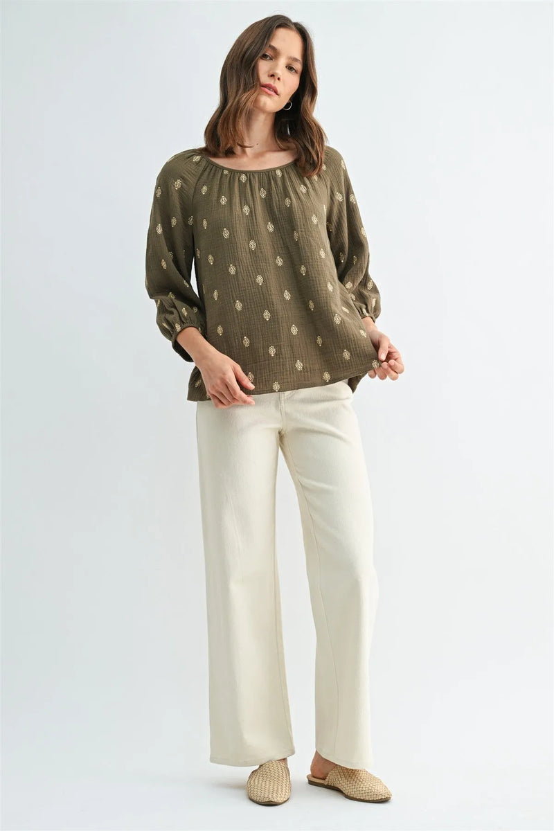 Olive green embroidered gauze 3/4 sleeve blouse with subtle gold leaf pattern in soft flowing fabric for women’s boho chic clothing