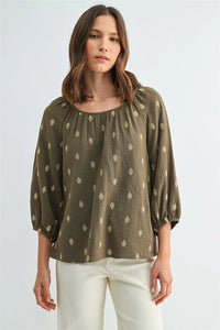 Olive green embroidered gauze blouse with delicate gold leaf embroidery and soft gathered 3/4 sleeves for women’s boho chic clothing from shop daisy