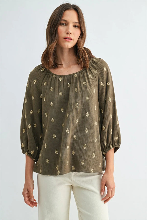 Olive green embroidered gauze blouse with delicate gold leaf embroidery and soft gathered 3/4 sleeves for women’s boho chic clothing from shop daisy
