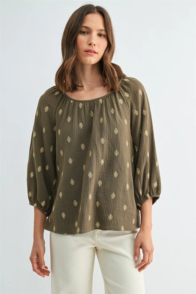 Olive green embroidered gauze blouse with delicate gold leaf embroidery and soft gathered 3/4 sleeves for women’s boho chic clothing from shop daisy