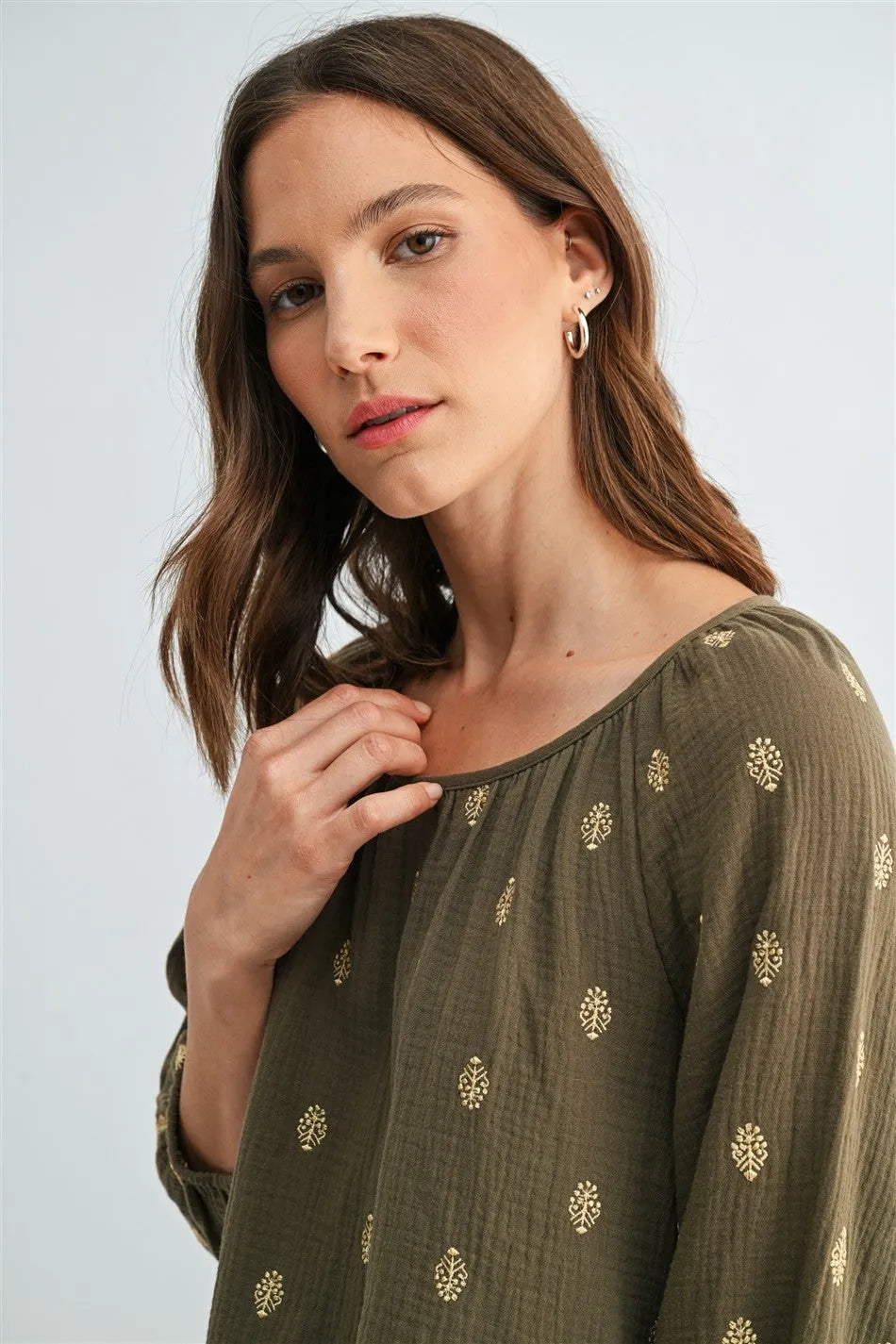 Olive green embroidered gauze 3/4 sleeve blouse with gold leaf embroidery in soft textured fabric for women’s boho chic clothing