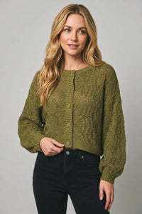 Olive green long sleeve crochet cardigan with cable knit texture and button closure for lightweight layering