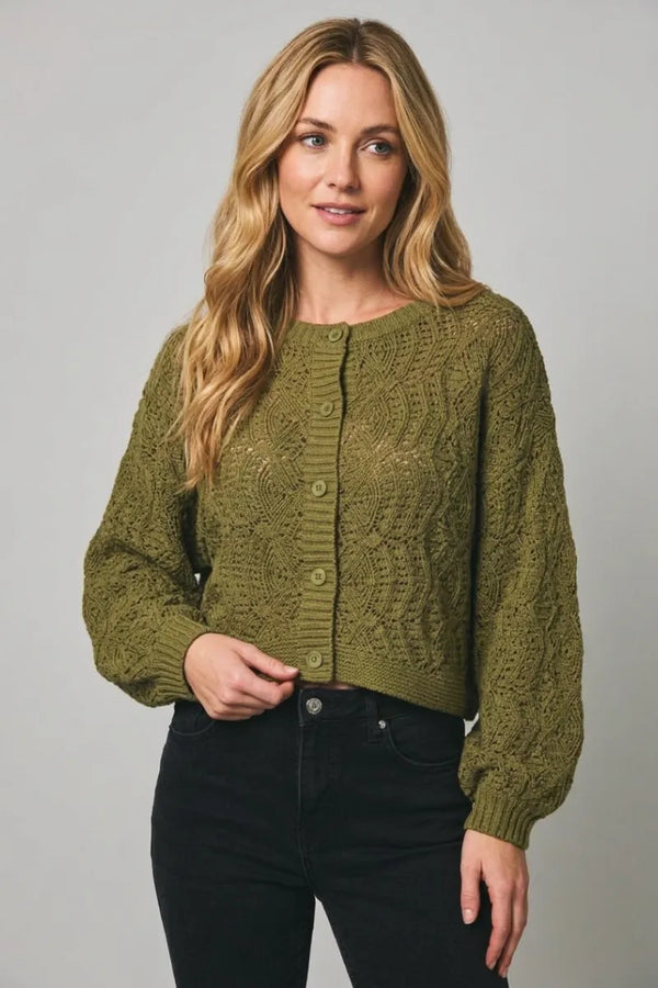 Olive green long sleeve crochet cardigan with cable knit texture and button closure for lightweight layering