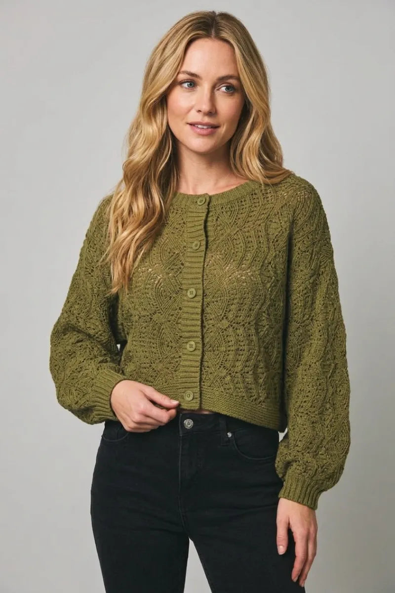Olive green long sleeve crochet cardigan with cable knit texture and button closure for lightweight layering