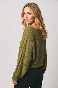 Olive green long sleeve crochet cardigan with cable knit fabric, relaxed fit, and wide sleeves