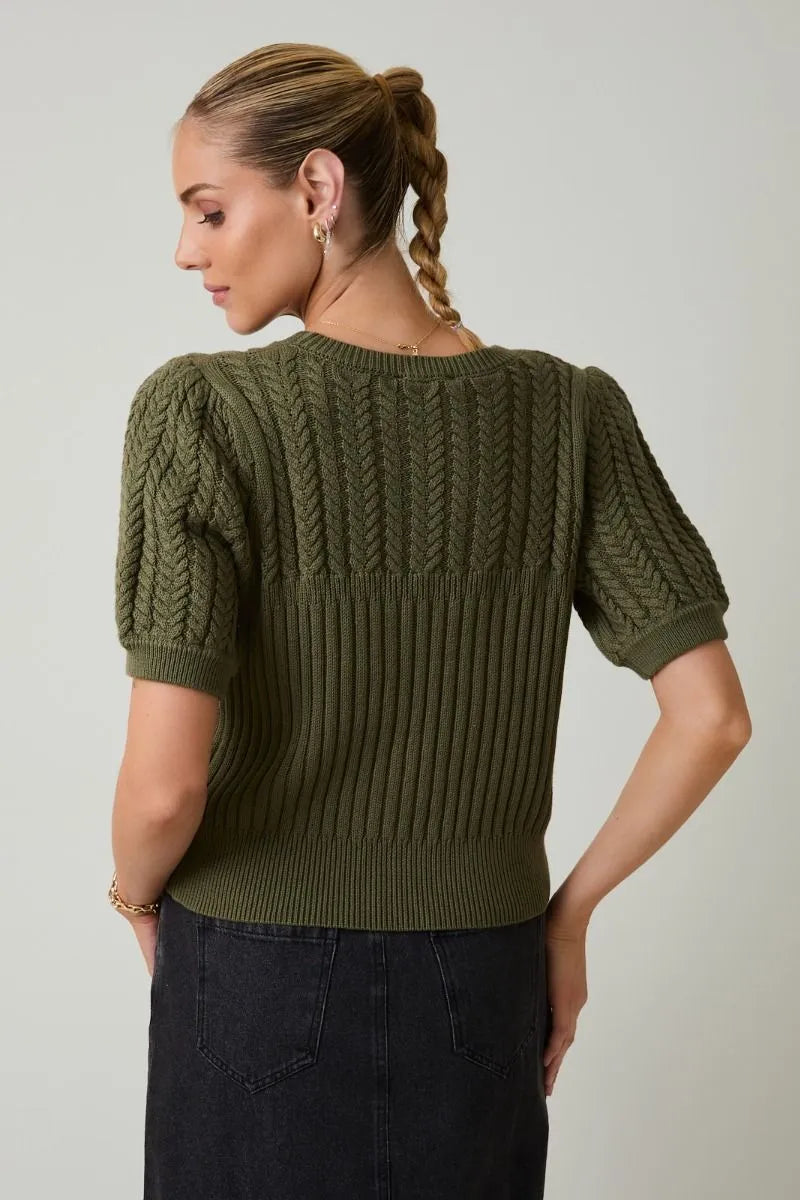 Olive green round neck puff short sleeve cable knit sweater with ribbed texture and puffed sleeves