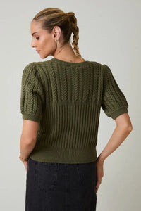 Olive green round neck puff short sleeve cable knit sweater with ribbed texture and puffed sleeves