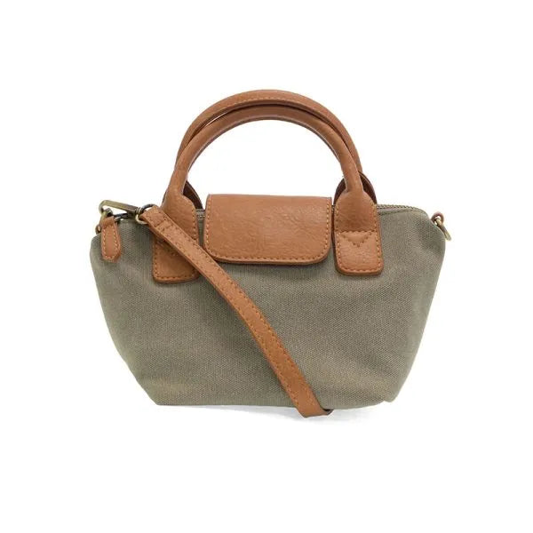 Olive green abilene canvas mini tote crossbody with tan leather handles and strap featuring flap closure