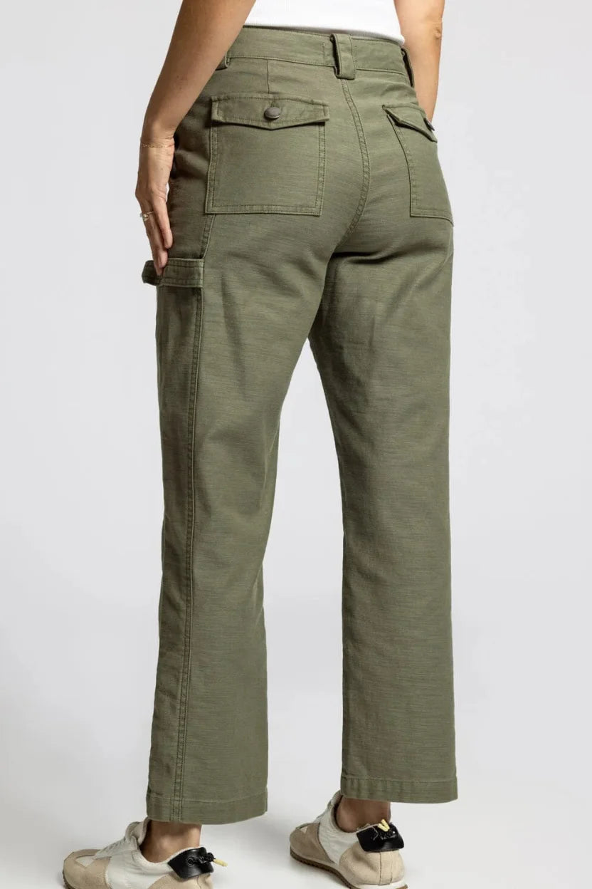 Olive green Stetson utility cargo pants with back pockets and button closure