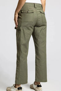 Olive green Stetson utility cargo pants with back pockets and button closure