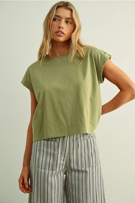 Olive green round neck cuffed sleeve top, cropped relaxed fit
