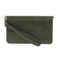 Olive green distressed leather billie mini organizer clutch with wrist strap and gold hardware mini organizer crossbody bag