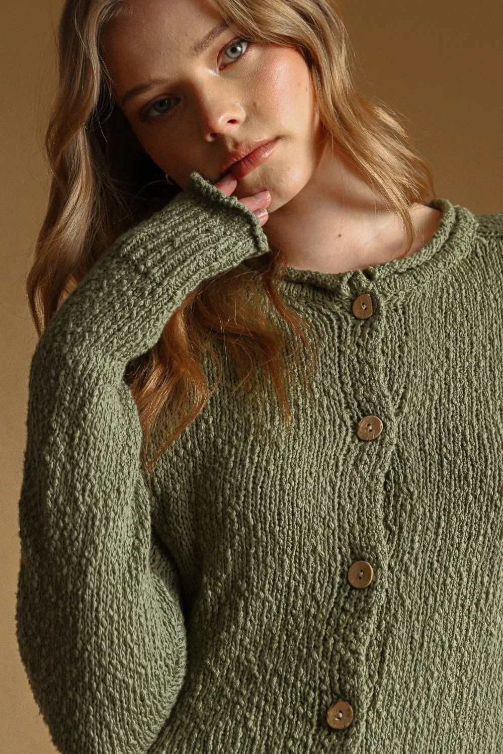 Olive green sweater knit cardigan with wooden buttons button front sweater knit cardigan for versatile layering