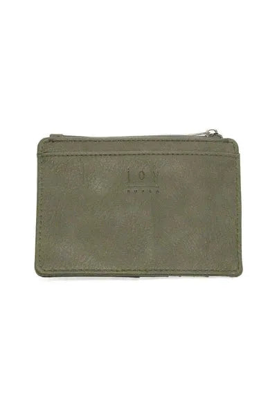 Olive green leather penny mini travel wallet with zippered closure and subtle embossed branding