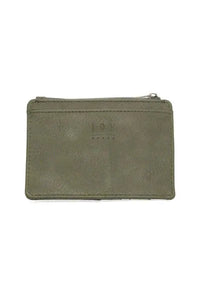 Olive green leather penny mini travel wallet with zippered closure and subtle embossed branding