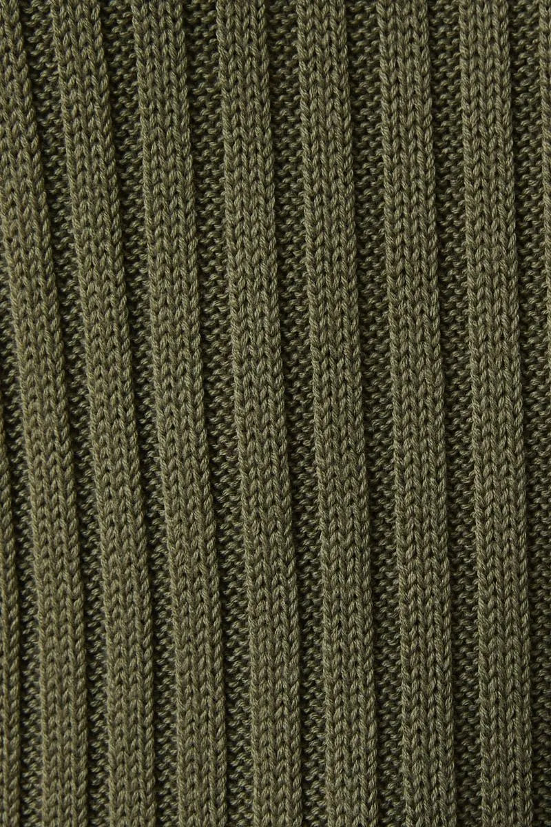 Olive green round neck puff short sleeve cable knit ribbed sweater with textured sleeve cable knit design