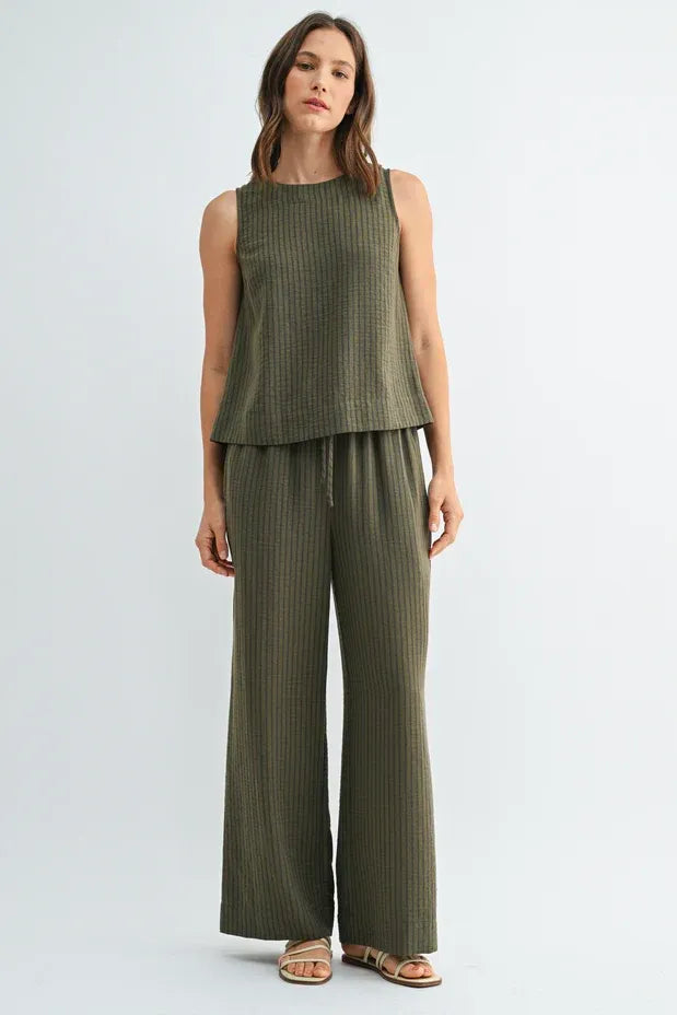 Olive green ribbed sleeveless stripe button back top with matching wide-leg pants in women’s boho chic clothing from shop daisy