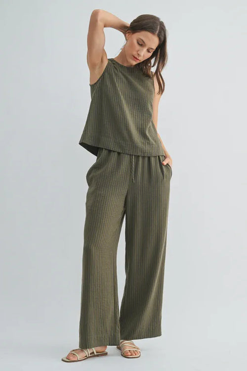 Olive green ribbed knit two-piece set featuring stripe button back sleeveless top from shop daisy women’s boho chic clothing