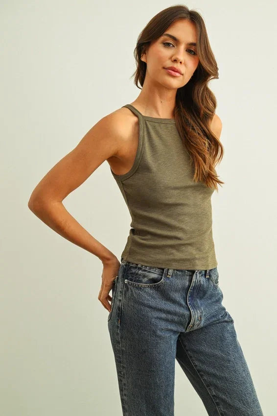 Olive green ribbed tank top from women’s boho chic clothing at shop daisy