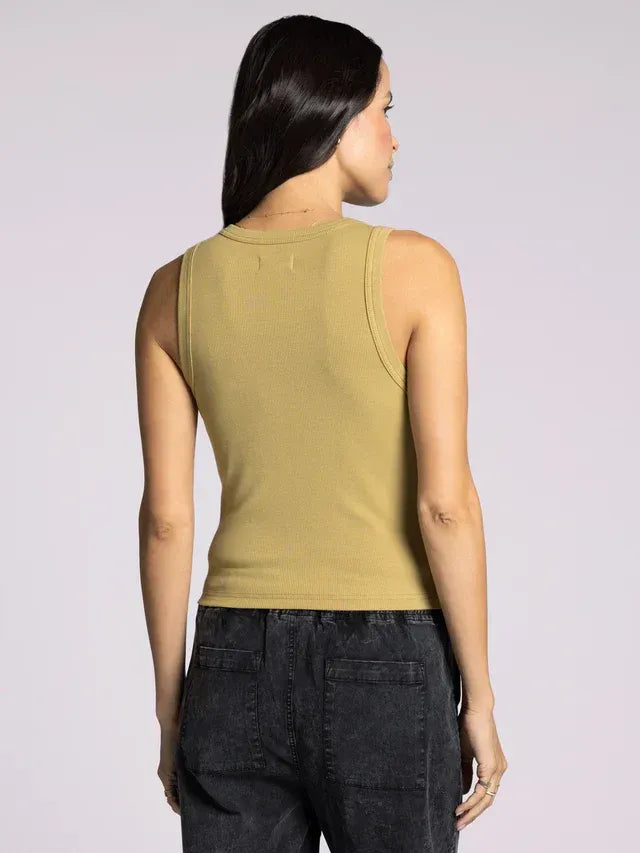 Olive green ribbed sleeveless top of thread and supply evie basic tank featuring a soft knit fabric for everyday wear