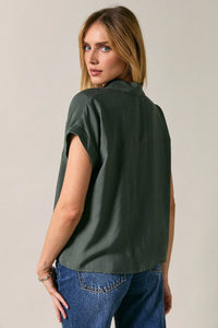 Olive green satin collard wide shoulder button down shirt with short sleeves and collar for elegant wear