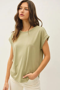 Olive green bamboo round neck cap sleeve basic top with short sleeves relaxed fit and rolled cuffs
