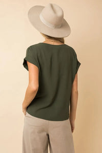 Olive green short roll up sleeve top for women boho chic clothing with relaxed fit and soft fabric from Shop Daisy