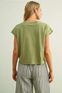 Olive green round neck cuffed sleeve cotton t-shirt with rolled cuffs