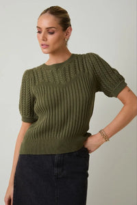 Olive green round neck puff short sleeve cable knit top with textured knit and puffed sleeves for casual wear