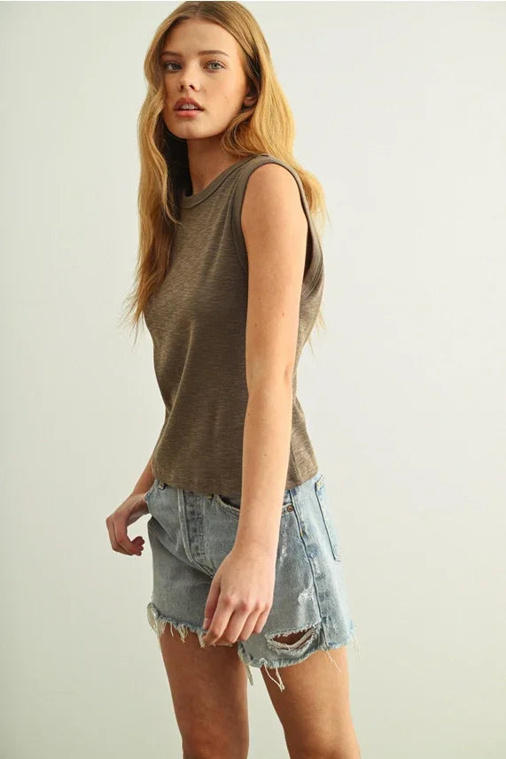 Olive green sleeveless cotton round neck top with relaxed fit