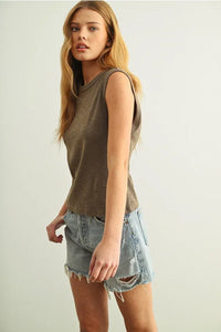 Olive green sleeveless cotton round neck top with relaxed fit