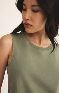 Olive green muscle cotton jersey tank top with ribbed crew neckline and neatly stitched armholes