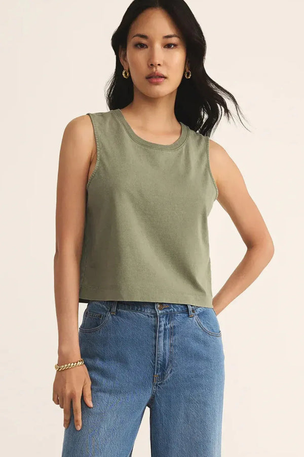 Olive green muscle cotton jersey tank top sleeveless cropped design with subtle stitching along armholes