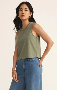 Olive green muscle cotton jersey tank top sleeveless crop with rounded neckline and subtle side seam detailing