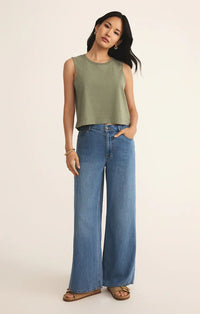 Olive green muscle cotton jersey tank top sleeveless with a relaxed fit and rounded neckline