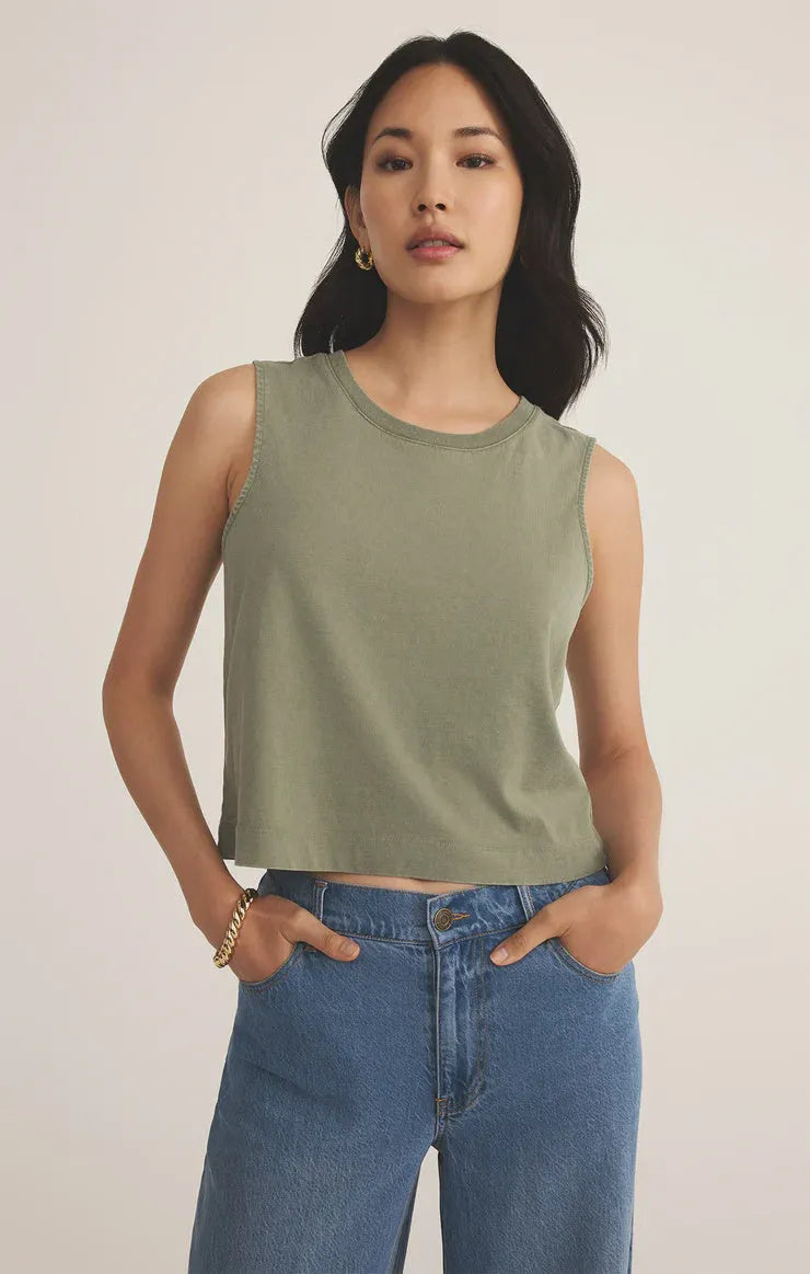 Olive green muscle cotton jersey sleeveless crop top made from soft cotton jersey fabric for casual wear
