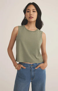 Olive green muscle cotton jersey sleeveless crop top made from soft cotton jersey fabric for casual wear