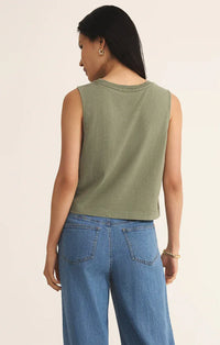 Olive green muscle cotton jersey tank top with a sleeveless crop design and soft relaxed fit cotton jersey fabric