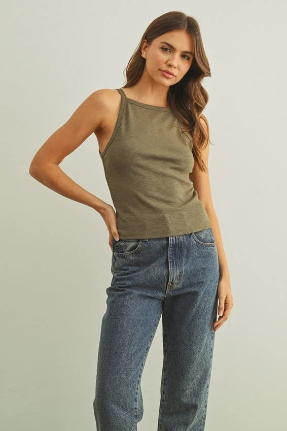Olive green ribbed tank top for women’s boho chic clothing