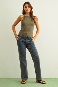 Olive green ribbed tank top, fitted sleeveless design for women’s boho chic clothing