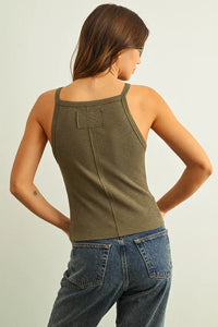 Olive green ribbed tank top with pocket for women’s boho chic clothing