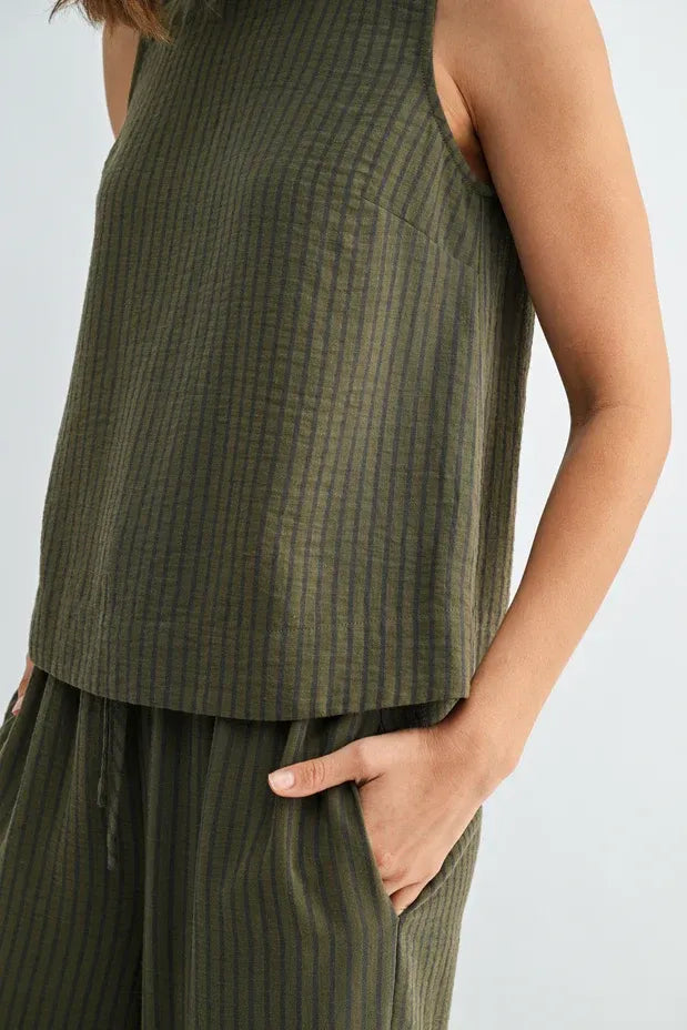 Olive green stripe button back sleeveless top with subtle vertical ribbed texture from shop Daisy women’s boho chic clothing