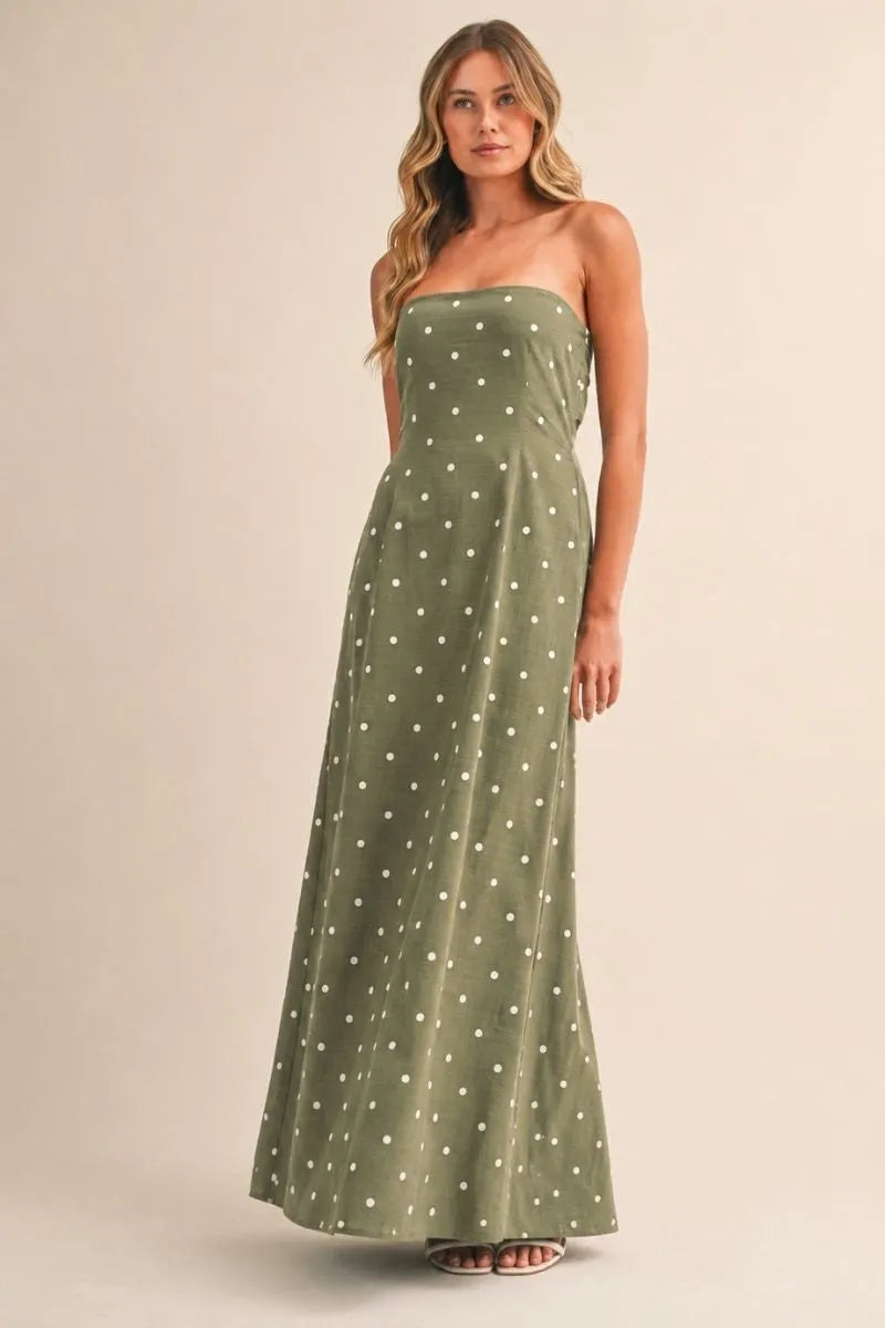 Olive green strapless polka dot tube maxi dress with tie back detail perfect for summer occasions
