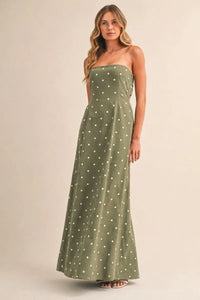 Olive green strapless polka dot tube maxi dress with tie back detail perfect for summer occasions