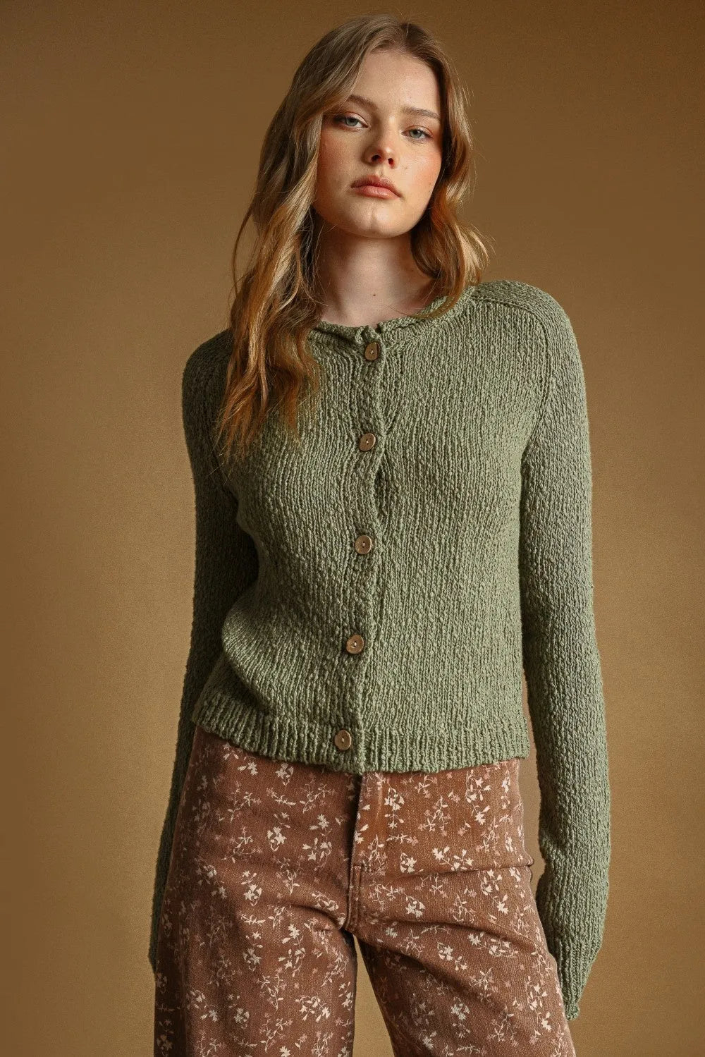 Olive green textured sweater knit cardigan with wooden buttons button front sweater knit cardigan