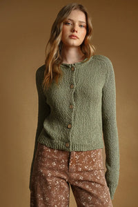 Olive green textured sweater knit cardigan with wooden buttons button front sweater knit cardigan