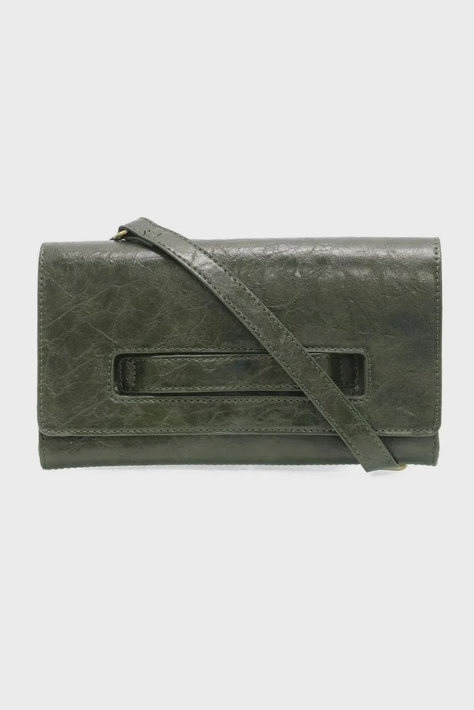 Olive green textured leather caterina handle clutch crossbody with rectangular cutout handle and adjustable strap