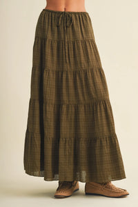 Olive green geometric woven tiered maxi skirt with subtle plaid pattern and drawstring waist for casual wear