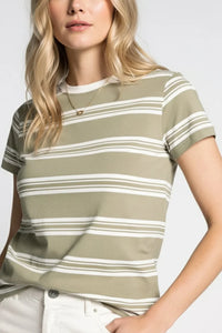 Relaxed fit short sleeve striped cotton t-shirt in olive green and white