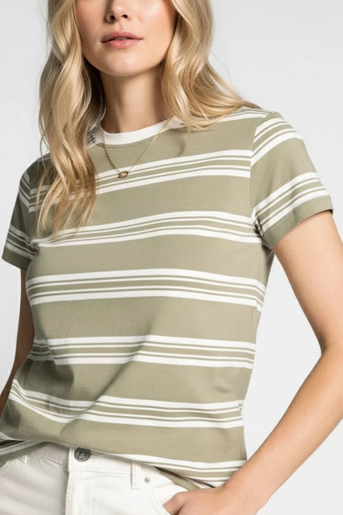 Relaxed fit short sleeve striped cotton t-shirt in olive green and white